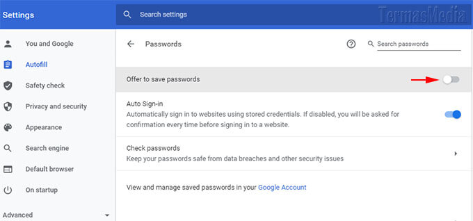 Cara menghentikan browser Google Chrome meminta menyimpan password