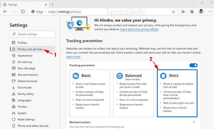 Mengubah tingkat pencegahan pelacakan (tracking prevention level) di browser Microsoft Edge Chromium