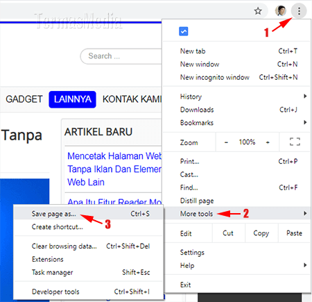 Cara menyimpan halaman web (web page) di browser Google Chrome