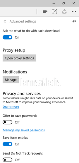 Menonaktifkan opsi untuk menyimpan password di Microsoft Edge