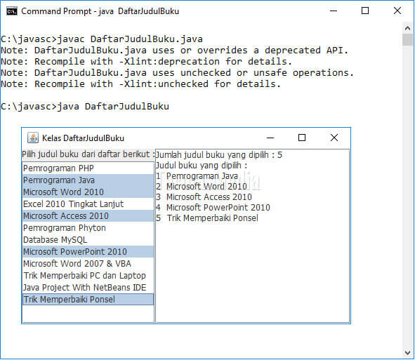 Program Java menggunakan kelas JList