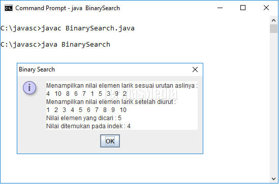 Mencari elemen larik (array) di Java dengan pendekatan binary search