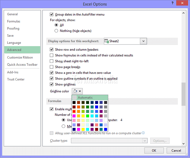 Mengubah warna gridlines di Microsoft Excel
