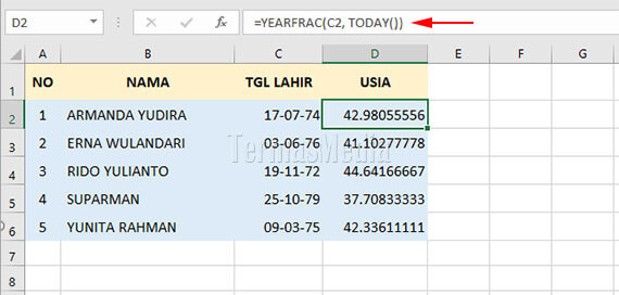 Menghitung usia seseorang menggunakan fungsi YEARFRAC() di Microsoft Excell