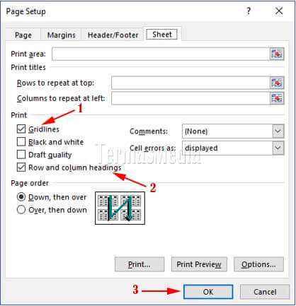 Menyertakan gridlines dan headings ketika mencetak lembar kerja Microsoft Excel