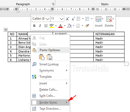 Cara mengubah atau mengganti warna garis tabel di Microsoft Word