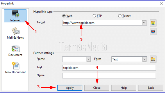Membuat hyperlink (link) secara manual di OpenOffice