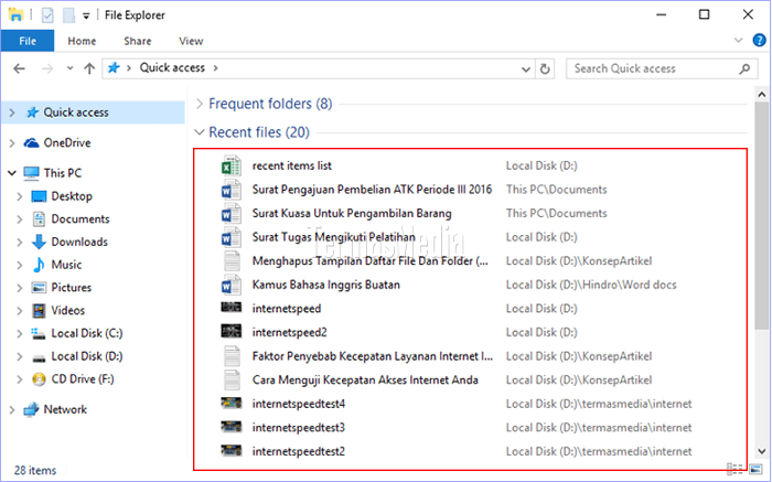 Menghapus daftar file dan folder (recent items list) di Windows 10