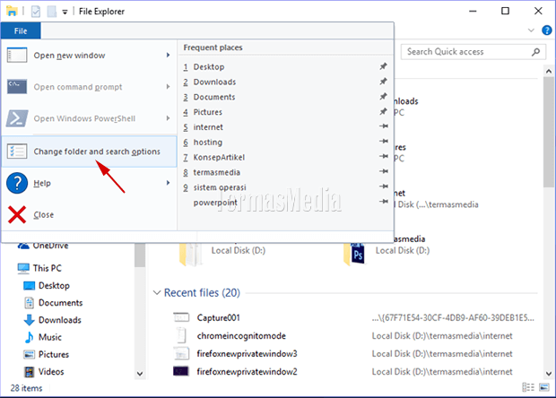 Menghapus daftar file dan folder (recent items list) di Windows 10