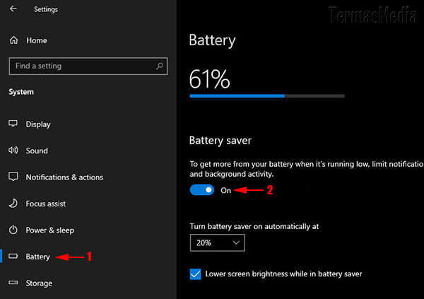 Mematikan menghidupkan mode battery saver di Windows 10
