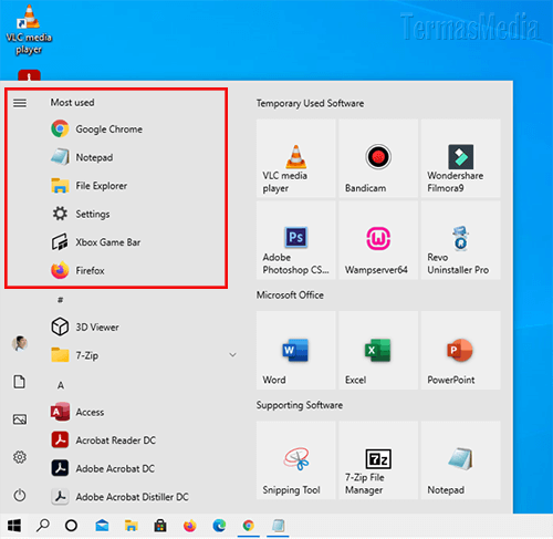 Menampilkan menyembunyikan most used apps di Start menu Windows 10