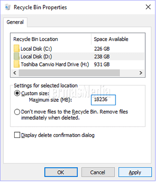 Mengubah ukuran penyimpanan maksimum Recycle Bin di Windows 10