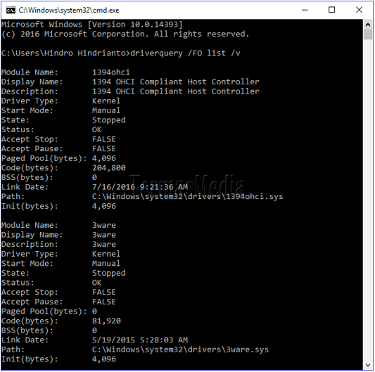 Menampilkan daftar driver Windows 10 melalui Command Prompt