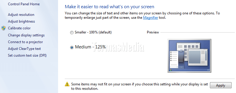 Mengubah ukuran tampilan teks dan obyek lain Windows